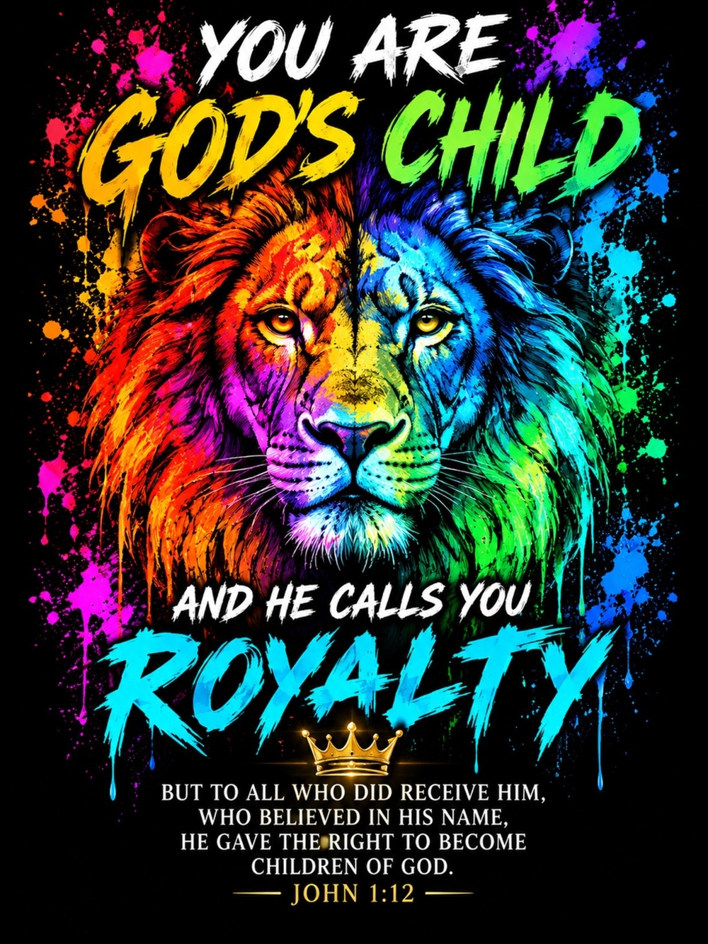 Black Short Sleeve Tee with Rainbow Lion 'You Are God's Child'